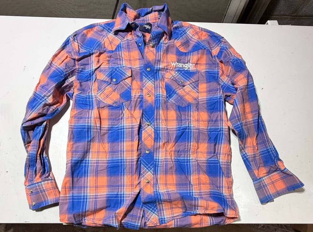 Wrangler Men's Long Sleeve Plaid Western Snap Button Shirt Blue and Orange
